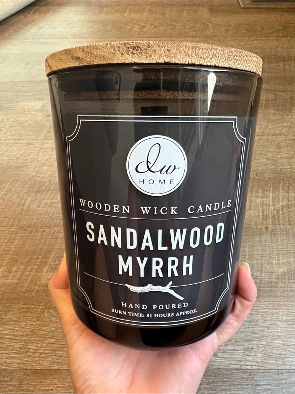 DW Home Sandalwood Myrrh Wooden Wick Candle 81 Hour Burn Time NEW 6”H READ
